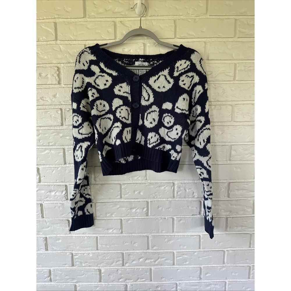 Just Polly Trippy Graphic Cardigan Sweater Navy White Acrylic Knit‎ V-Neck M